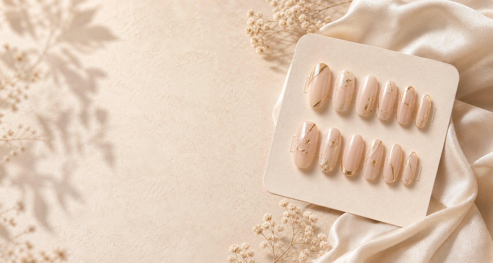 Set de press-on nails nude avec détails dorés sur un fond satiné.